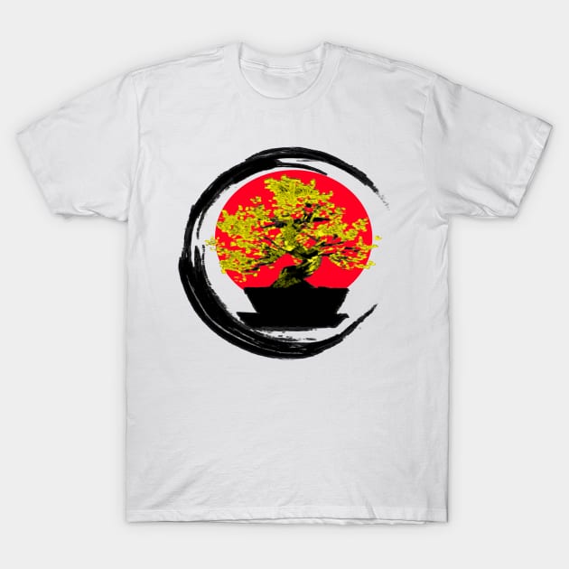 Golden bonsai on a rising sun - Sumi inspired enso circle brushstroke tree T-Shirt by Trippy Critters